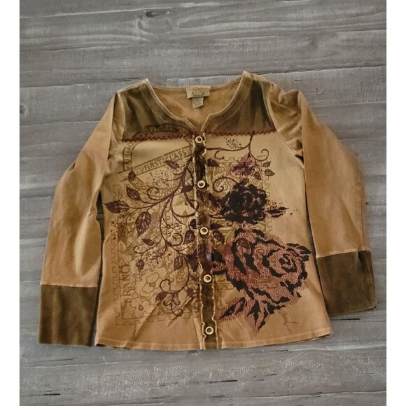 Peck & Peck Weekend Women's Floral Buttoned Top Size Medium  Tan - Picture 9 of 11